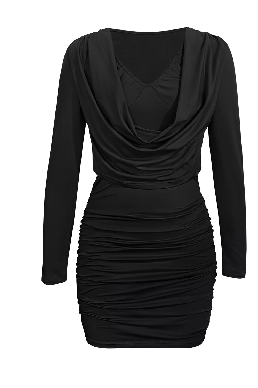 YSONA Ruched Cowl Neck Long Sleeve Mini Dress — back view | Women's Dress | Shop YSONA