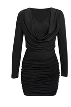 YSONA Ruched Cowl Neck Long Sleeve Mini Dress — back view | Women's Dress | Shop YSONA