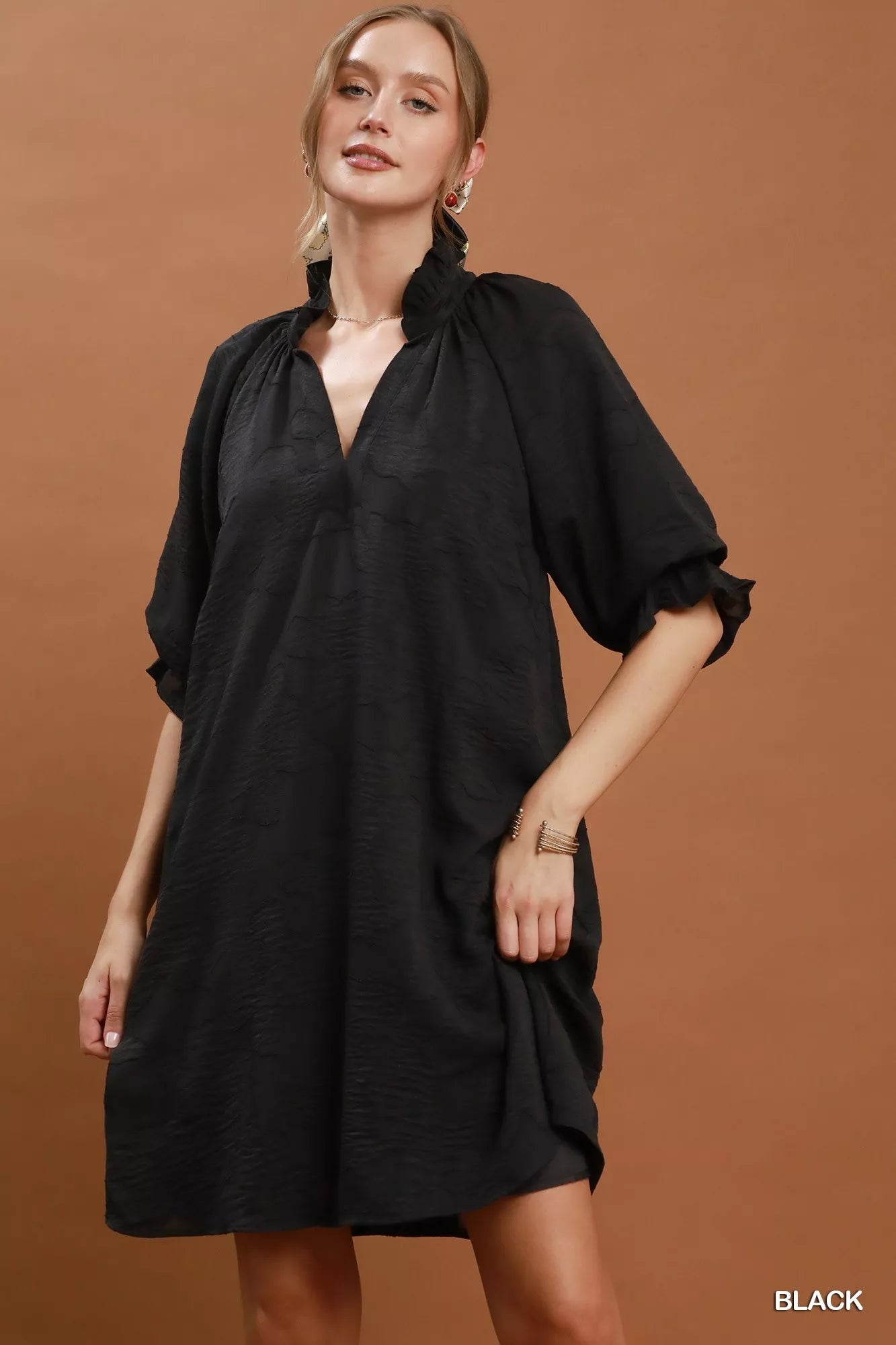 YSONA Umgee Floral Textured Jacquard V-Neck Dress — front view | Women's Dress | Shop YSONA