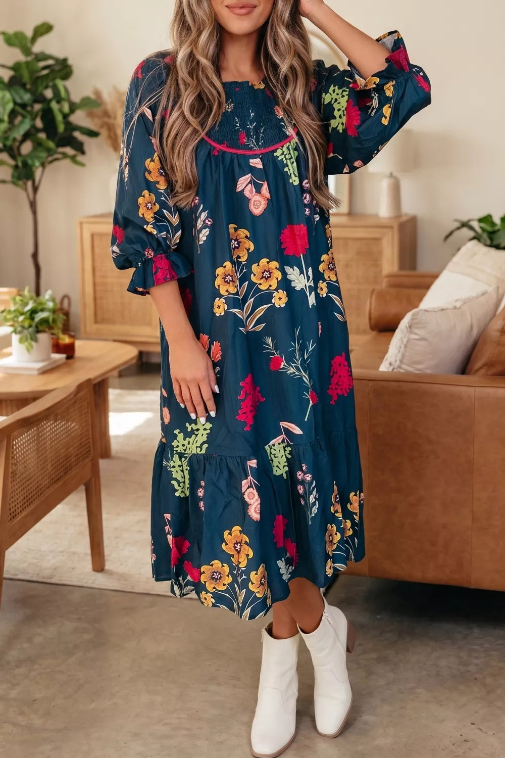 YSONA Floral Print Gathered Neckline 7/8 Sleeve Casual Midi Dress — front view | Women's Dress
