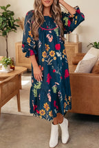 YSONA Floral Print Gathered Neckline 7/8 Sleeve Casual Midi Dress — front view | Women's Dress