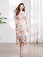 YSONA Floral Embroidered Puff Sleeve Midi Dress — detail view | Women's Dress | Shop YSONA