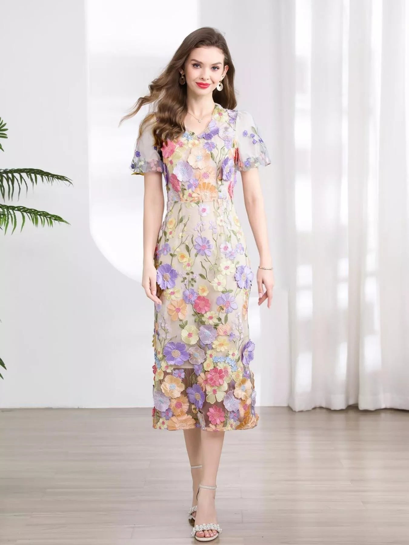 YSONA Floral Embroidered Puff Sleeve Midi Dress — detail view | Women's Dress | Shop YSONA