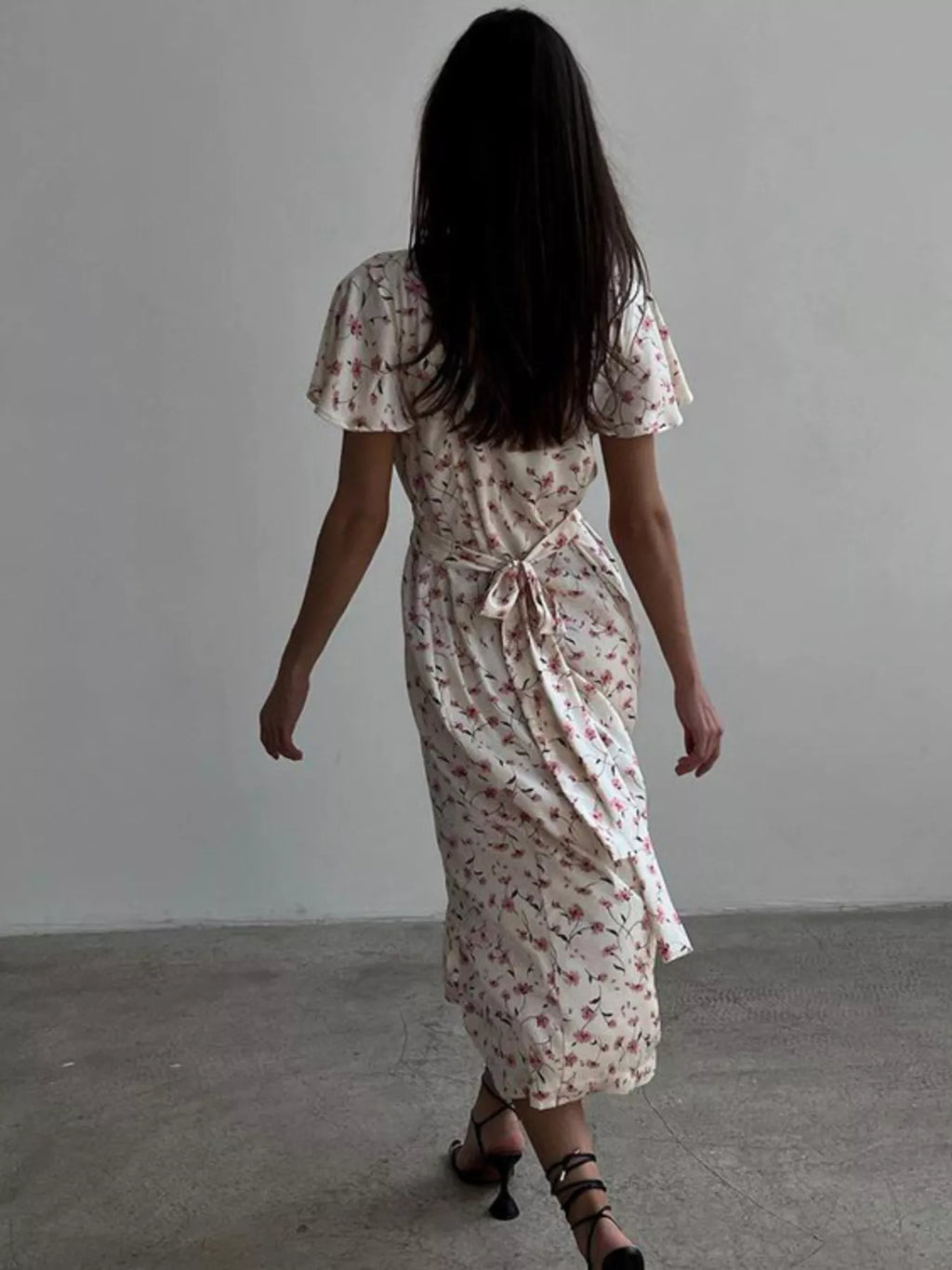 YSONA Floral Print V-Neck Flutter Sleeves Midi Dress — back view | Women's Dress | Shop YSONA