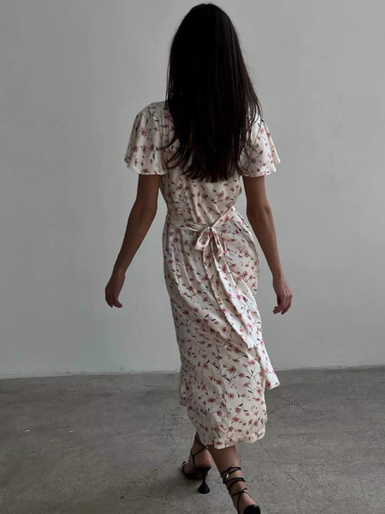 YSONA Floral Print V-Neck Flutter Sleeves Midi Dress — back view | Women's Dress | Shop YSONA