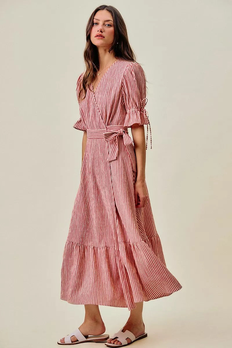 YSONA Stripe Textured Short Sleeves Lined Wrap Midi Dress — back view | Women's Dress | Shop YSONA