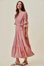 YSONA Stripe Textured Short Sleeves Lined Wrap Midi Dress — back view | Women's Dress | Shop YSONA