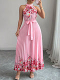 YSONA Halter Neck Floral Print Pleated Maxi Dress — front view | Women's Dress | Shop YSONA