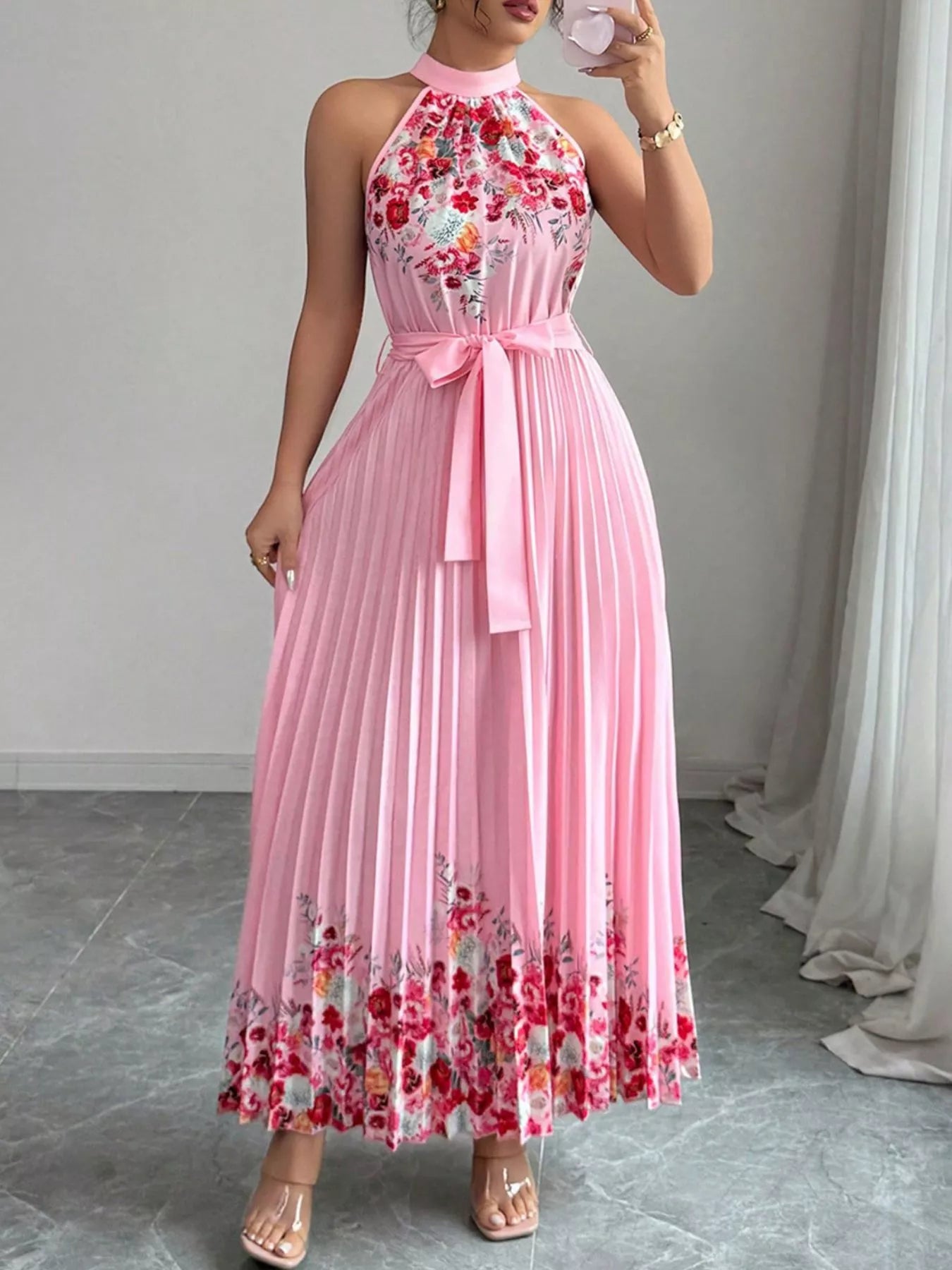 YSONA Halter Neck Floral Print Pleated Maxi Dress — front view | Women's Dress | Shop YSONA