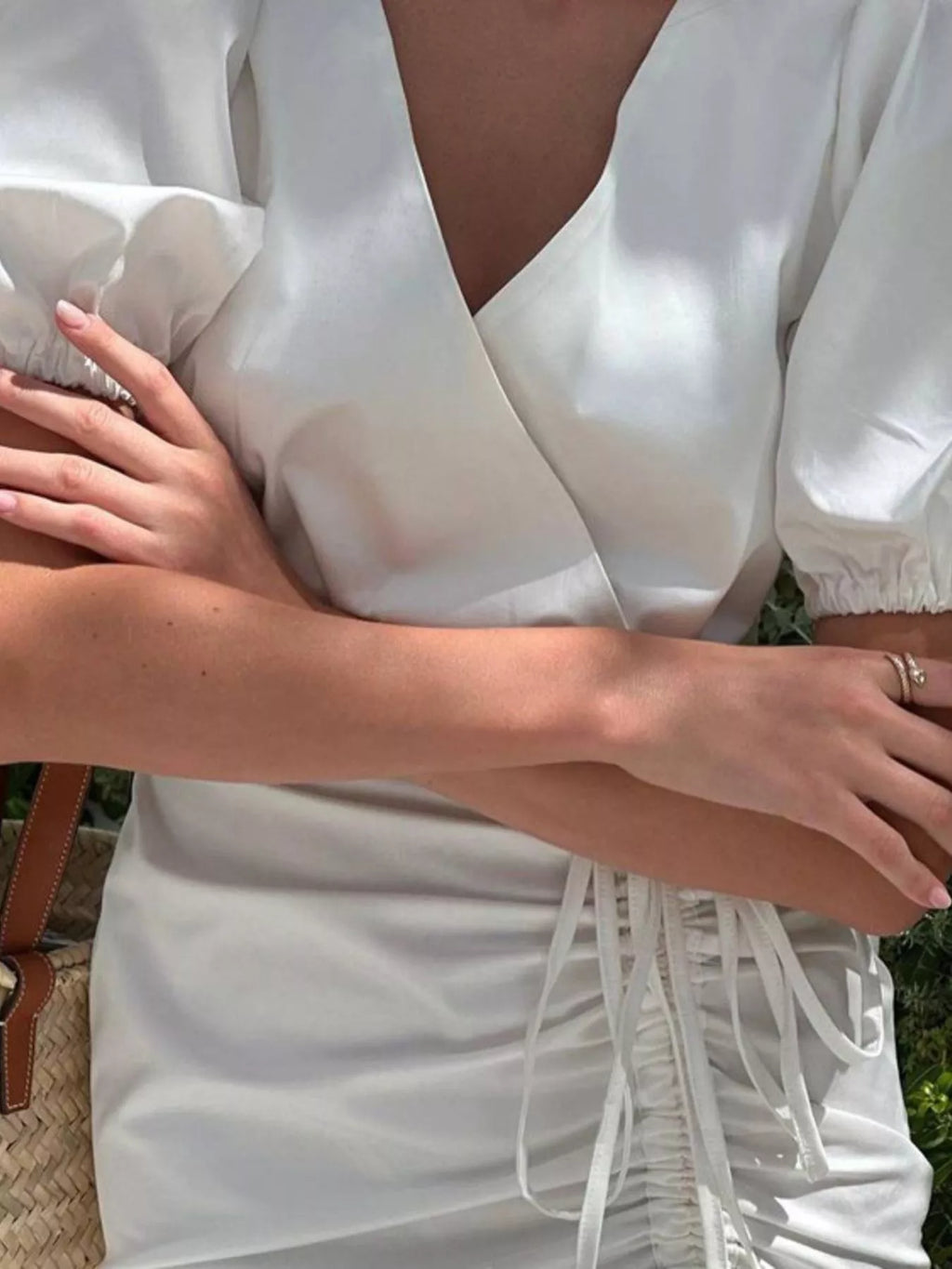 YSONA Ruffled Hem Ruched Puff Sleeve Mini Dress — detail view | Women's Dress | Shop YSONA