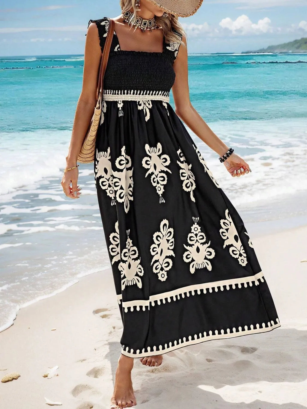 YSONA Smocked Printed Wide Strap Maxi Dress — detail view | Women's Dress | Shop YSONA