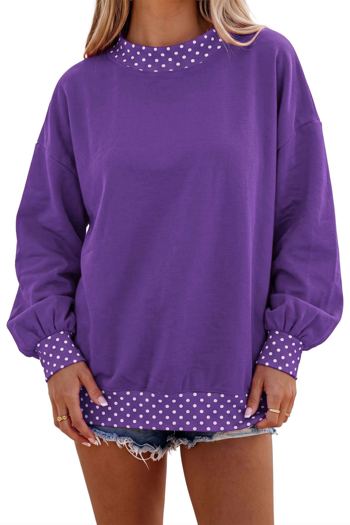 Burgundy Colorblock Polka Dot Contrast Trim Oversized Sweatshirt