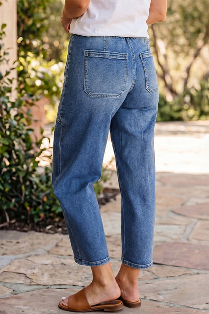 Black Drawstring Waist Ankle Length Casual Jeans Regular Fit Pocket Detail Denim Pants