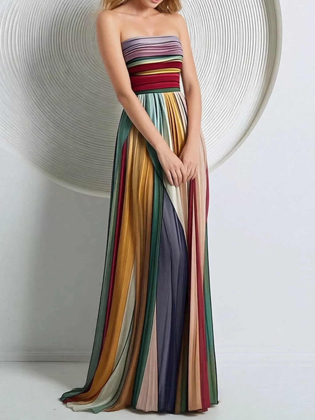YSONA Striped Pleated Tube Maxi Dress — back view | Women's Dress | Shop YSONA