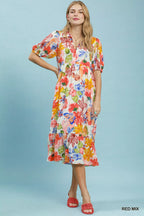 YSONA Umgee Watercolor Floral Tiered Midi Dress — detail view | Women's Dress | Shop YSONA
