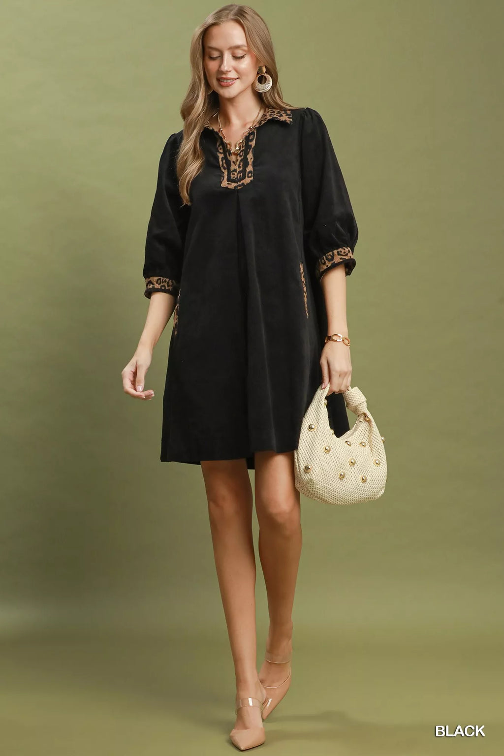 YSONA Umgee V-Neck Shift Dress with Contrast Trim — model wearing | Women's Dress | Shop YSONA