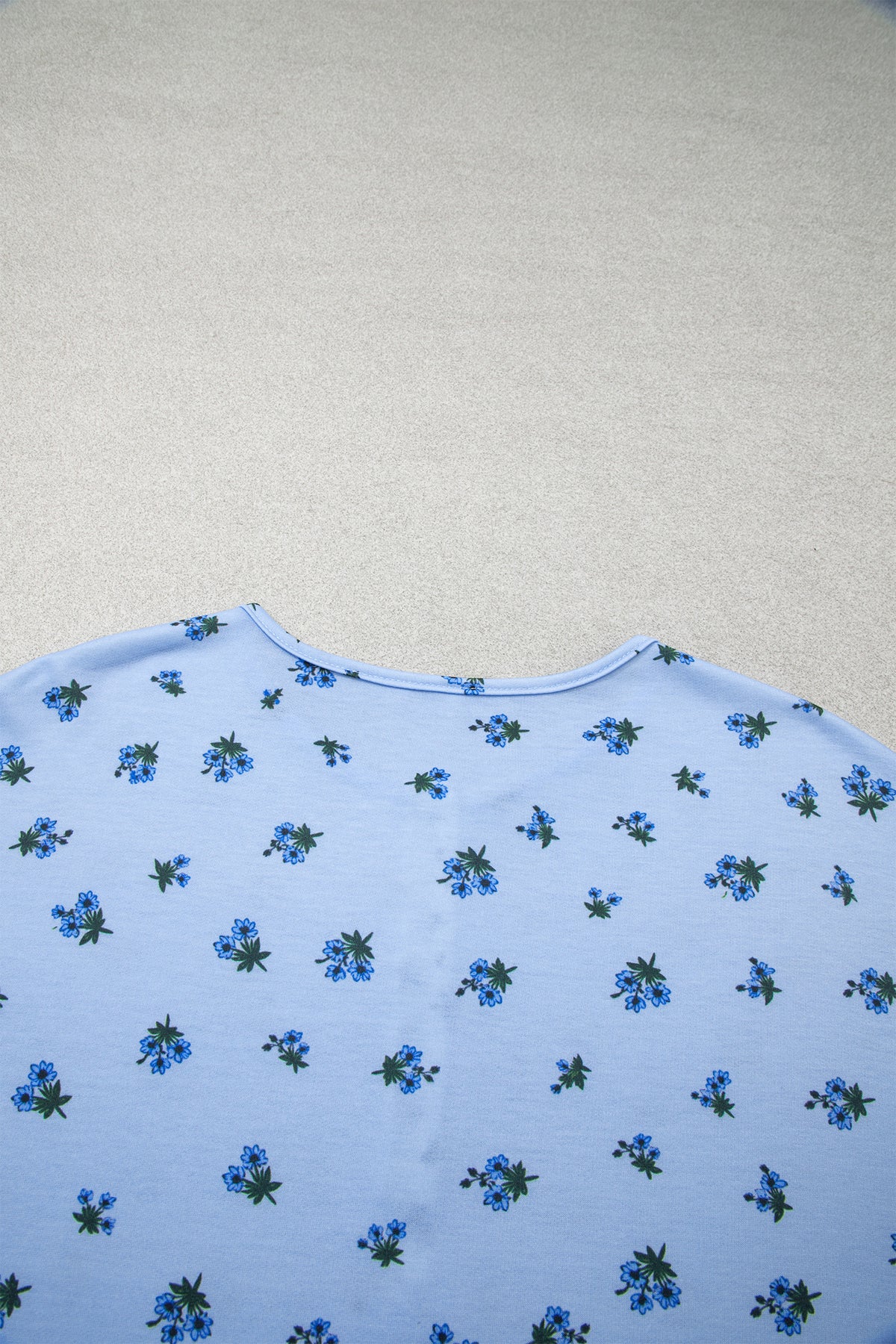 Sky Blue Floral Print Contrast Long Sleeve Tops