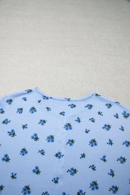 Sky Blue Floral Print Contrast Long Sleeve Tops