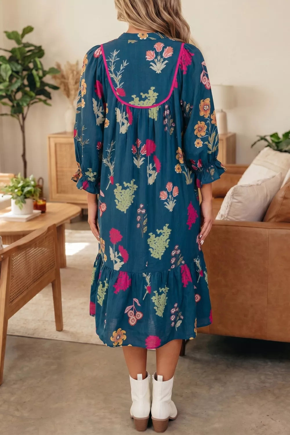 YSONA Floral Print Gathered Neckline 7/8 Sleeve Casual Midi Dress — back view | Women's Dress