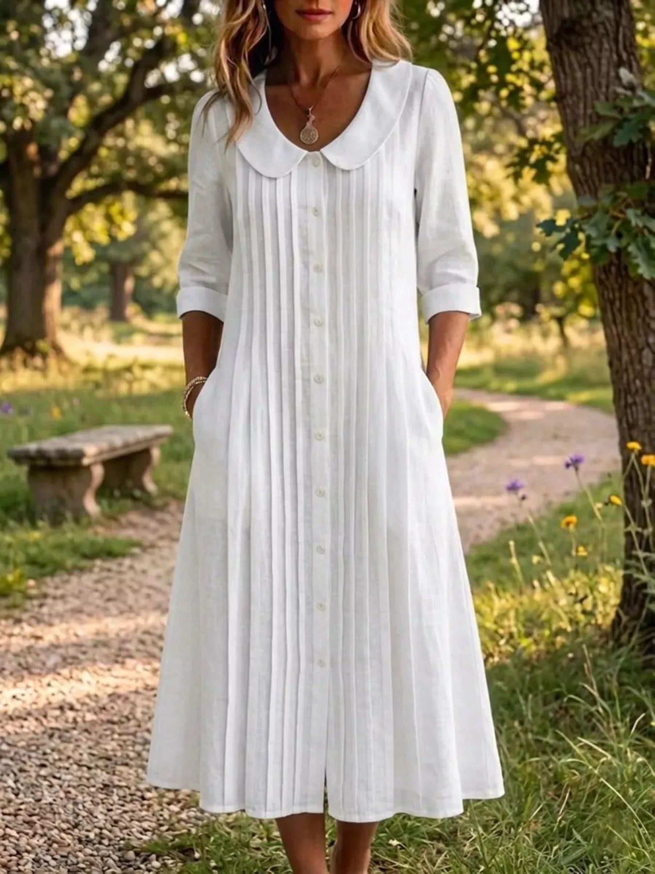 YSONA Full Size Peter Pan Collar Button Down Dress Plus Size — front view | Women's Dress