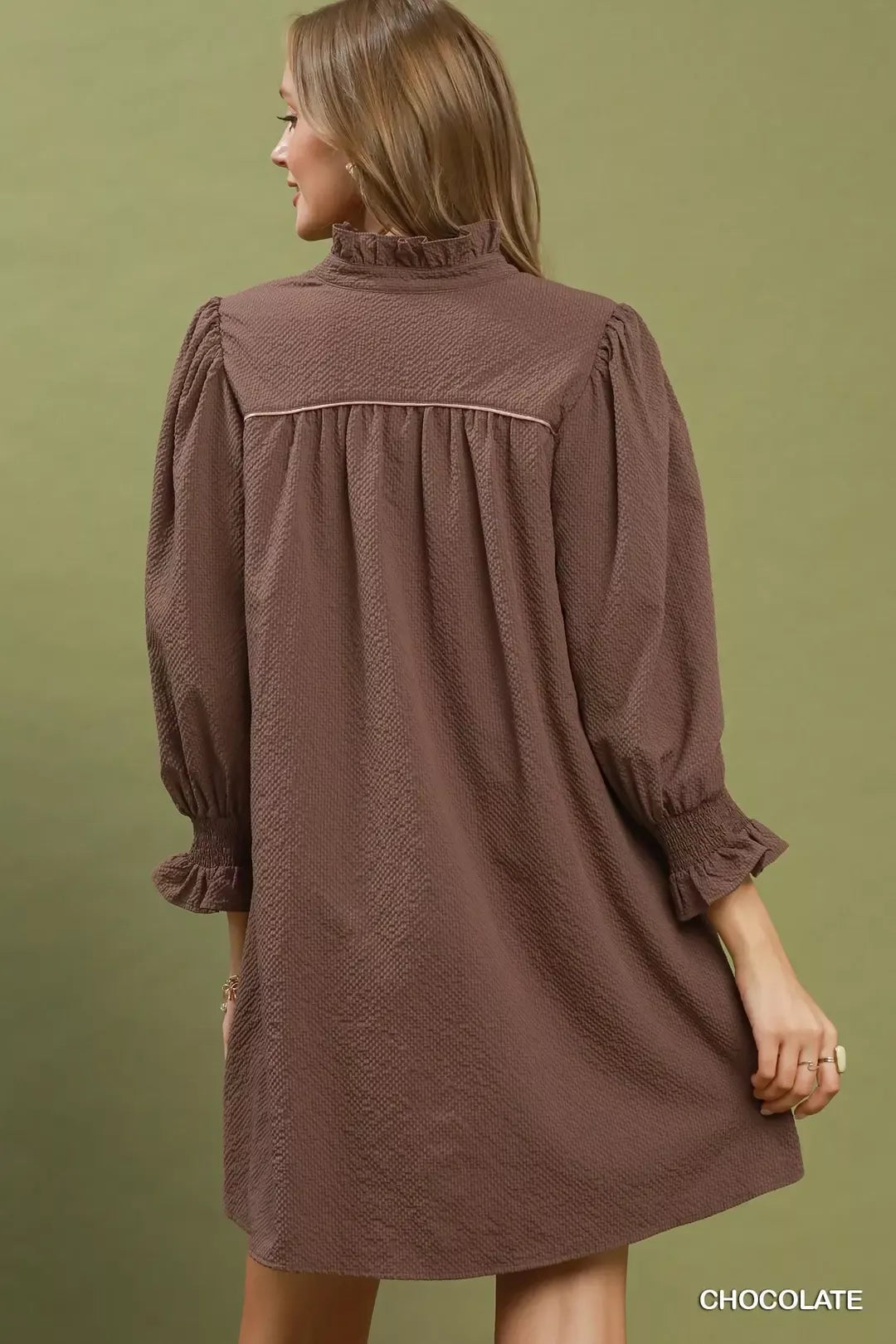 YSONA Umgee Textured Puff Sleeve Mini Dress — side view | Women's Dress | Shop YSONA