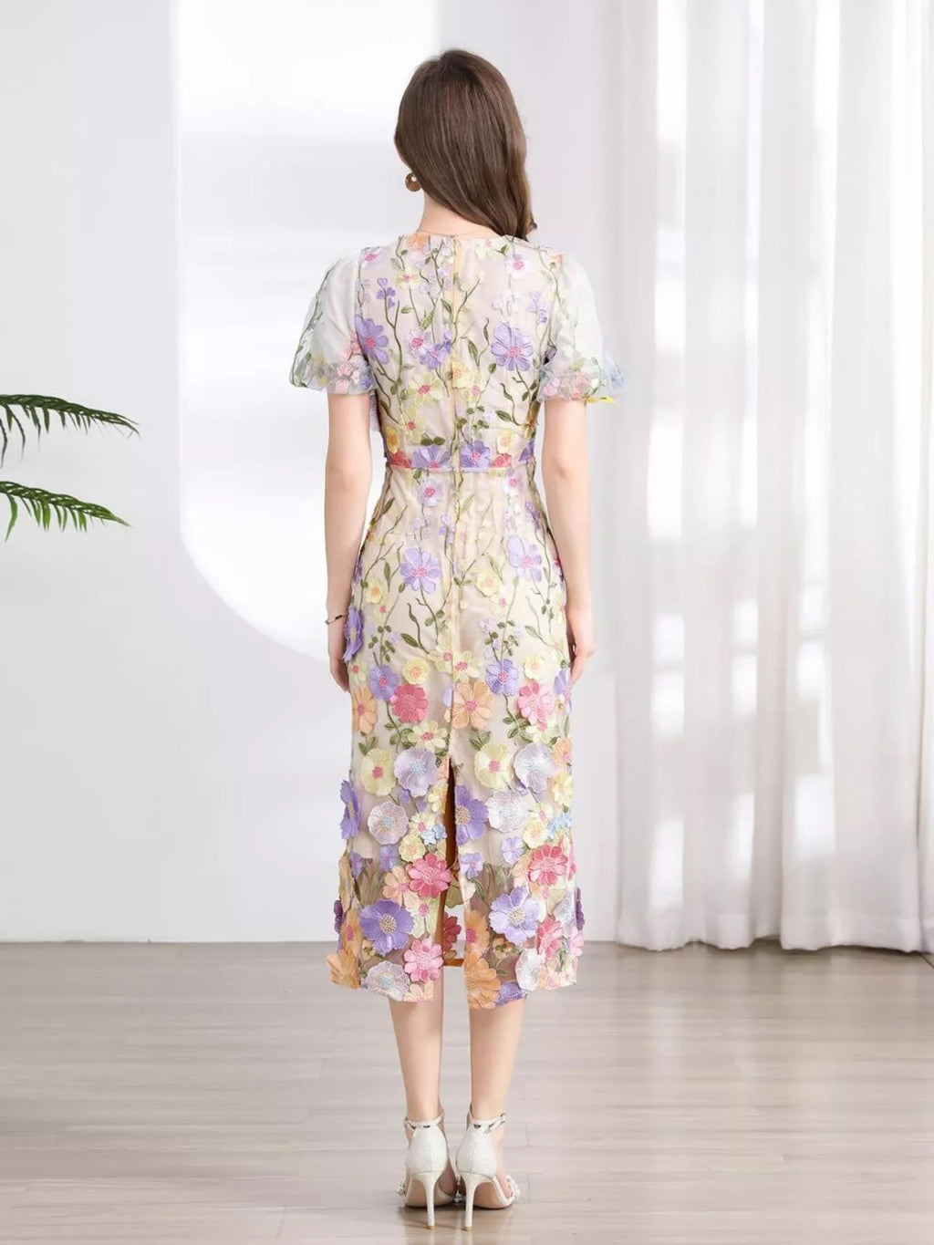 YSONA Floral Embroidered Puff Sleeve Midi Dress — close-up view | Women's Dress | Shop YSONA