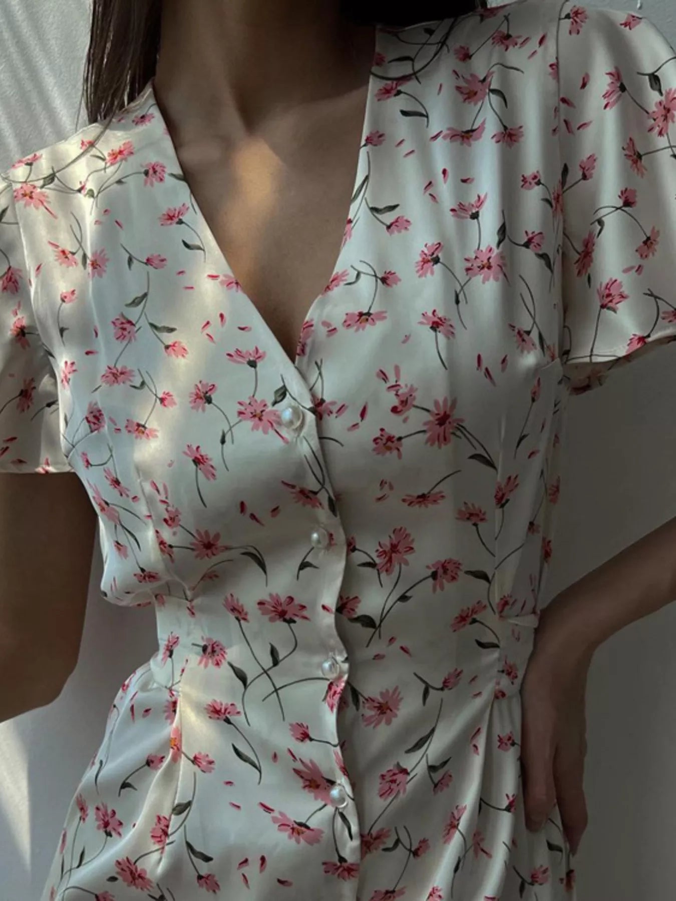 YSONA Floral Print V-Neck Flutter Sleeves Midi Dress — detail view | Women's Dress | Shop YSONA