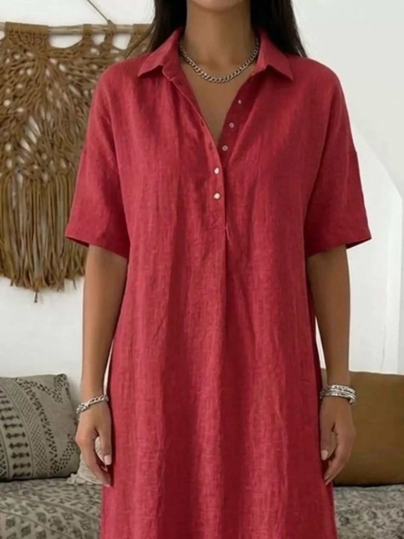 YSONA Full Size Button Detail Half Sleeve Dress Plus Size — full length view | Women's Dress