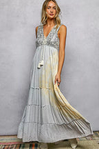 YSONA POL Deep V Sleeveless Cotton Bohemian Tiered Maxi Dress — side view | Women's Dress