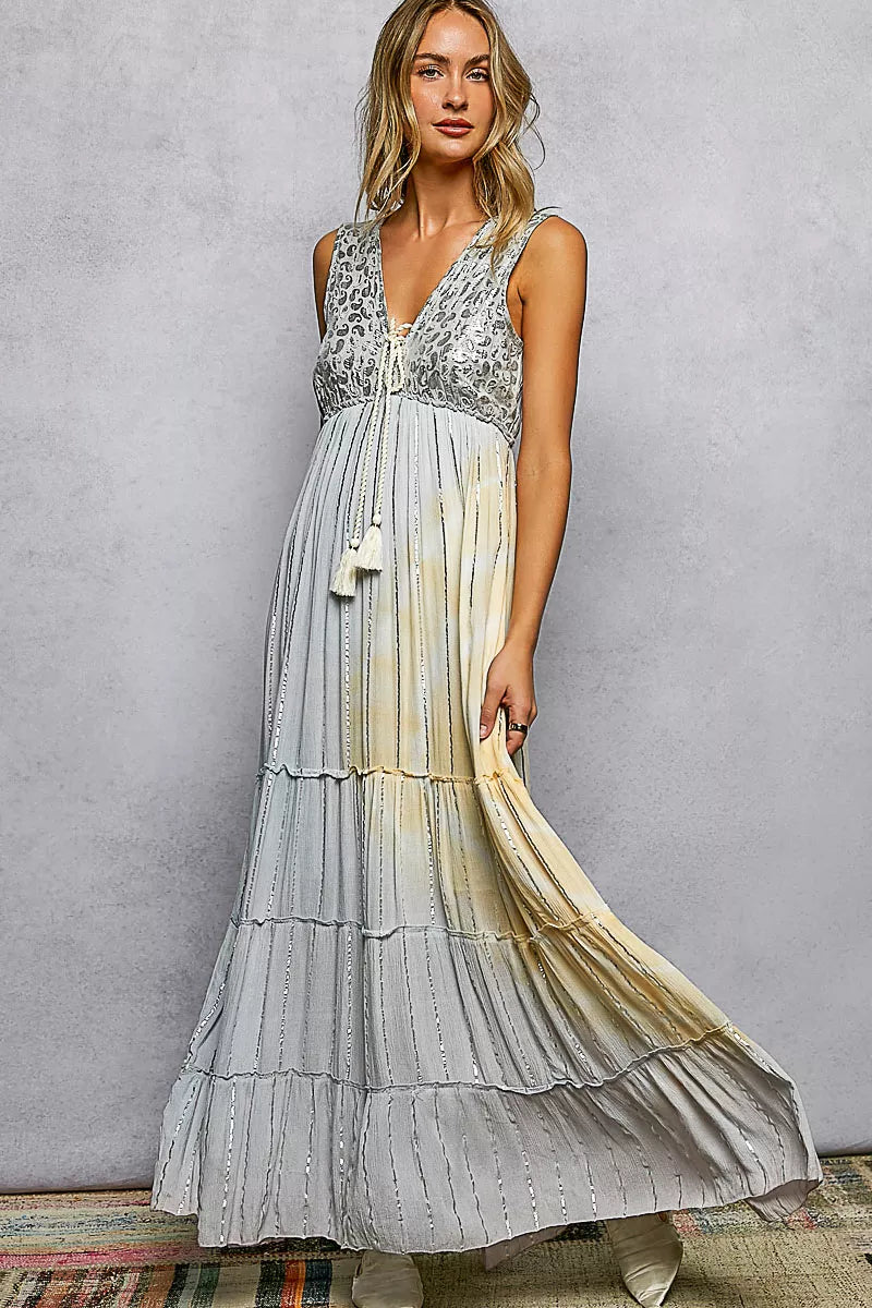 YSONA POL Deep V Sleeveless Cotton Bohemian Tiered Maxi Dress — side view | Women's Dress