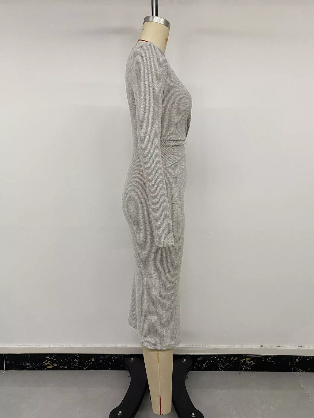 YSONA Ribbed Knit Twist Front Long Sleeve Midi Dress with Slit — full length view | Women's Dress