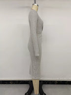 YSONA Ribbed Knit Twist Front Long Sleeve Midi Dress with Slit — full length view | Women's Dress