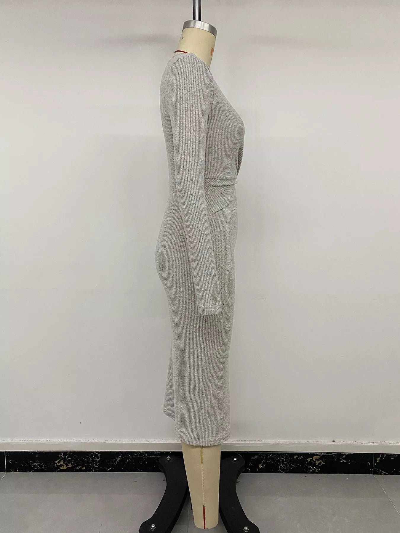 YSONA Ribbed Knit Twist Front Long Sleeve Midi Dress with Slit — full length view | Women's Dress