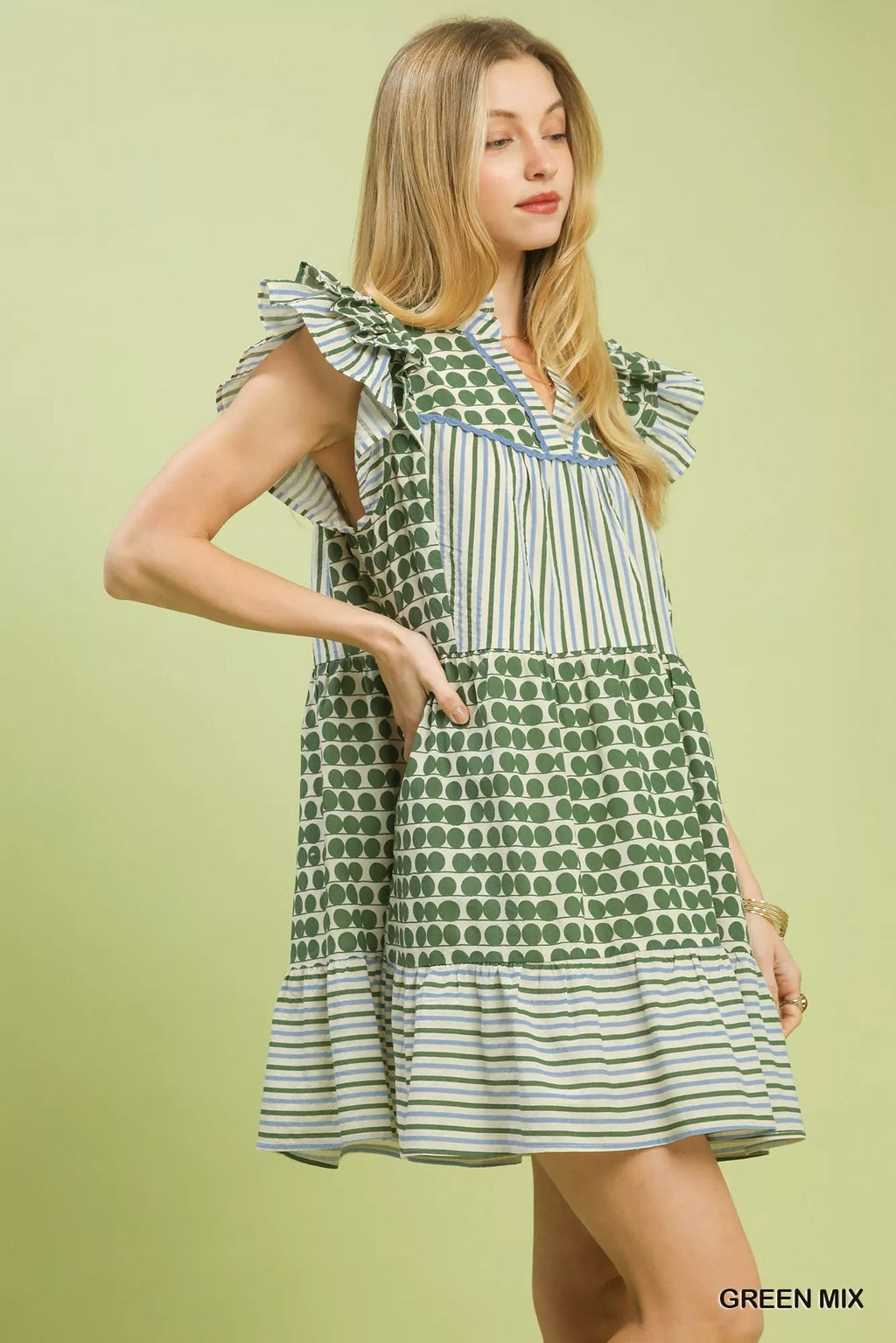 YSONA Umgee Mix Patchwork Flutter Sleeve Tiered Dress — back view | Women's Dress | Shop YSONA