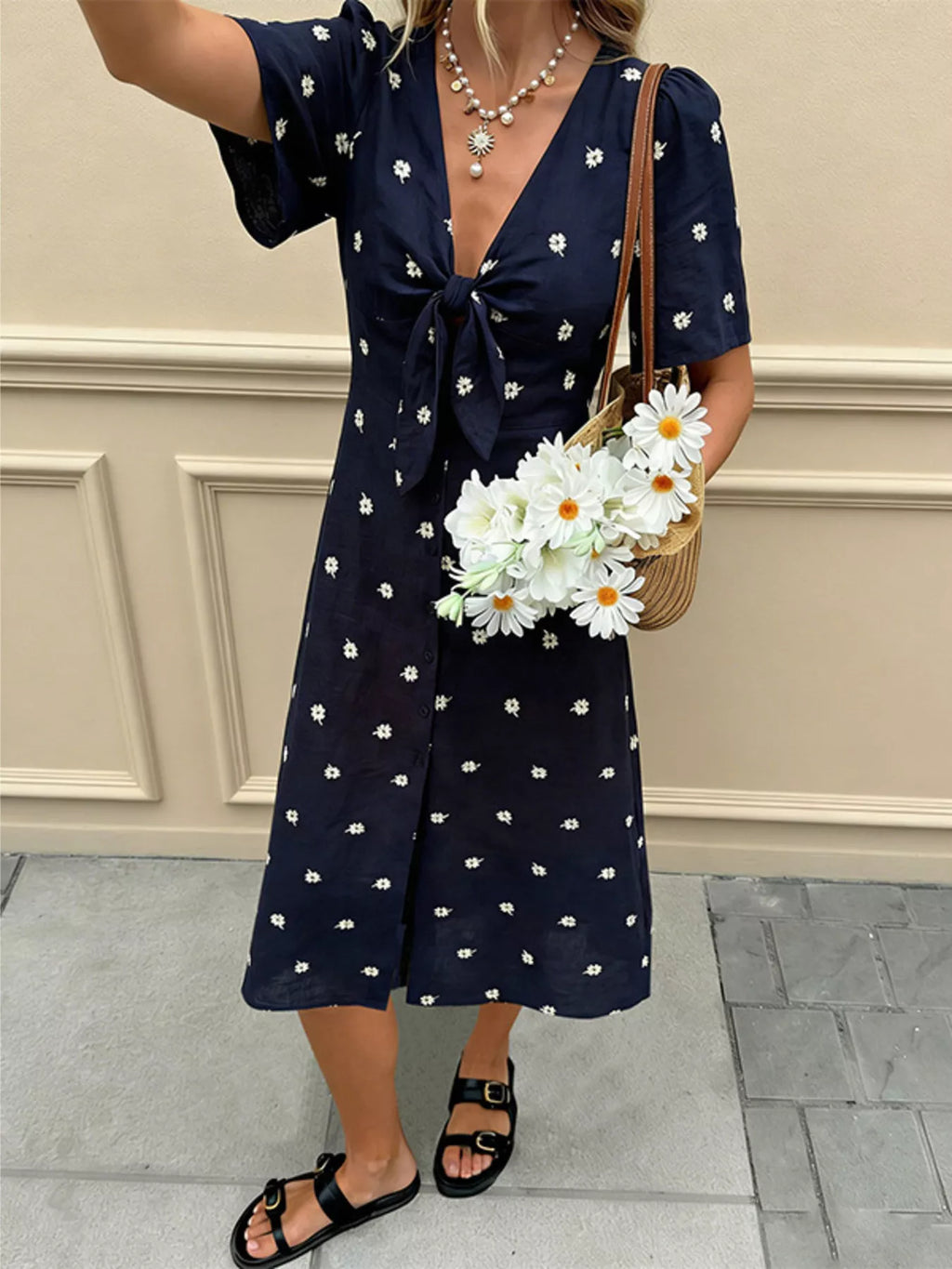YSONA Daisy Print Tie-Front Midi Dress — back view | Women's Dress | Shop YSONA