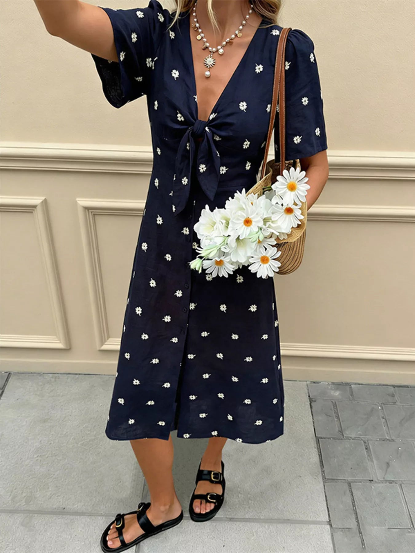 YSONA Daisy Print Tie-Front Midi Dress — back view | Women's Dress | Shop YSONA