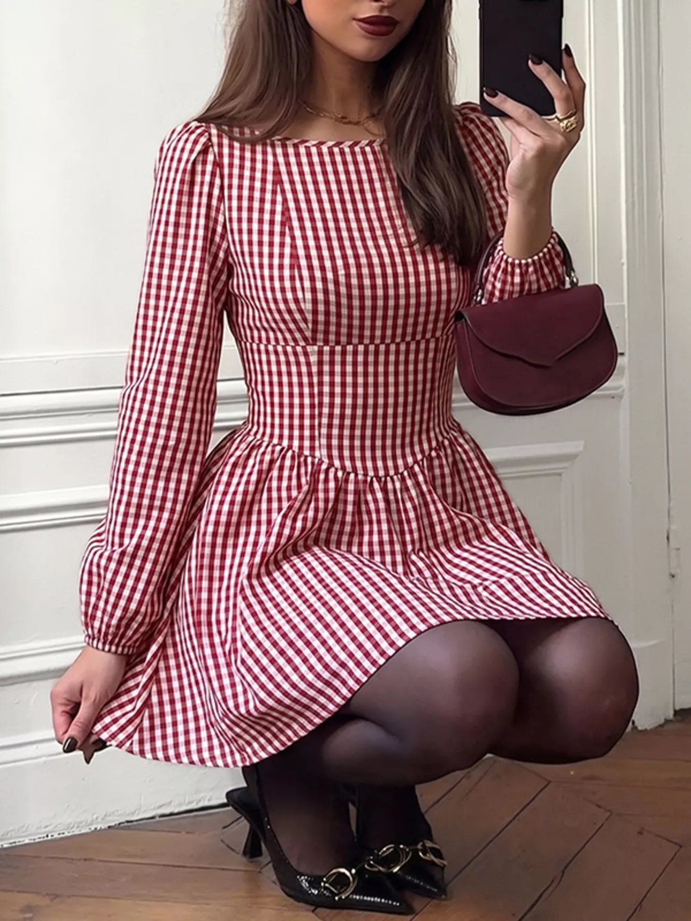 YSONA Backless Plaid Long Sleeve Dress — side view | Women's Dress | Shop YSONA