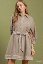 YSONA Umgee Striped Contrast Belted Puff Sleeve Mini Dress — front view | Women's Dress | Shop YSONA