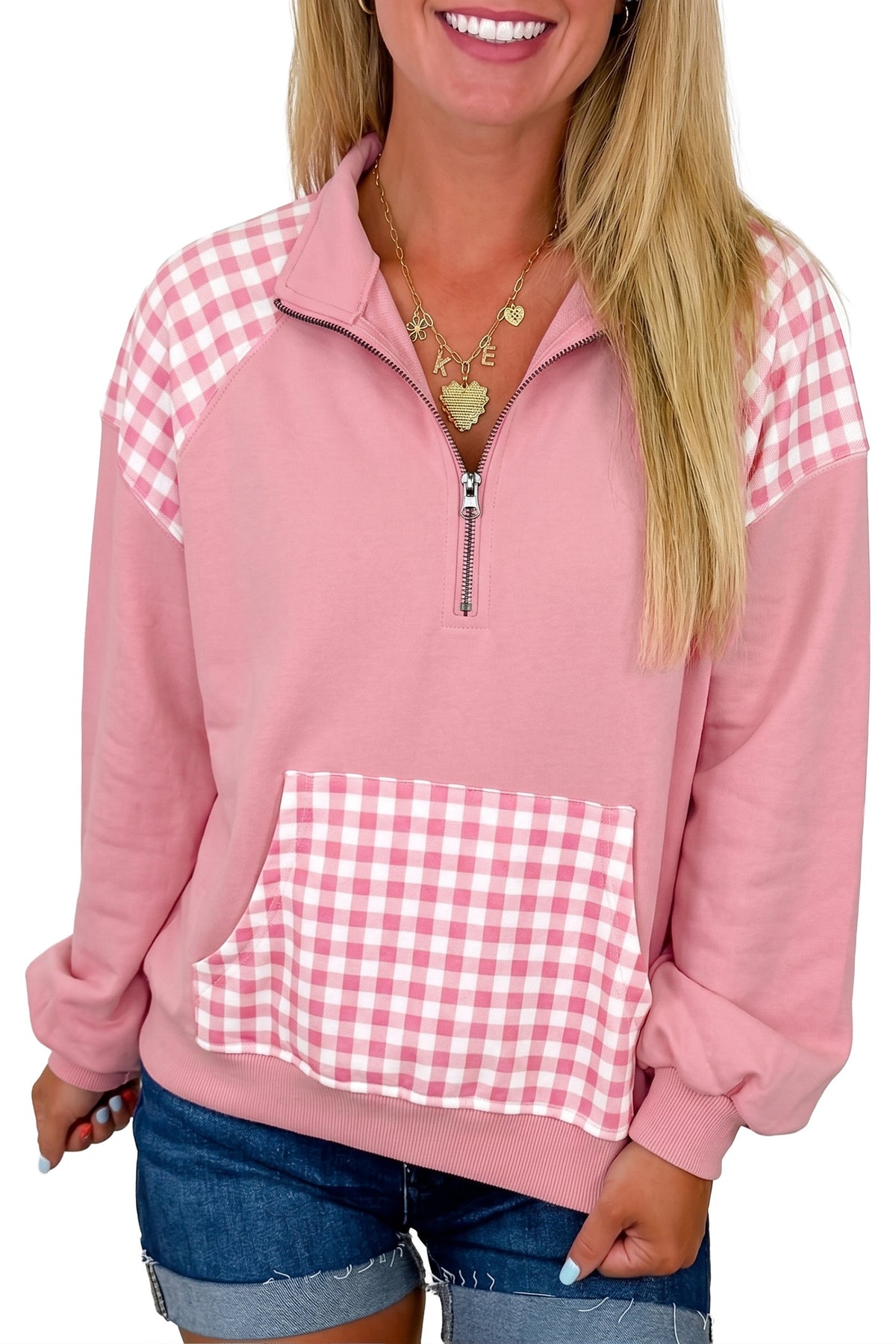 Dark Green Patchwork Plaid Pocket Quarter Zip Sweatshirt