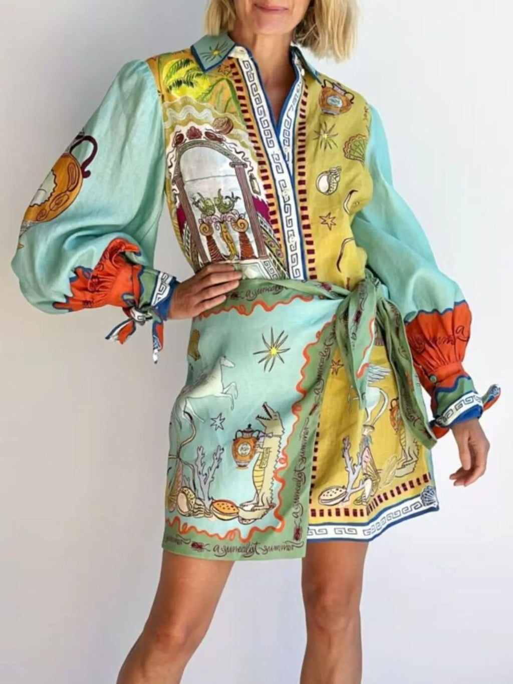 YSONA Printed Long Sleeve Shirt Dress — detail view | Women's Dress | Shop YSONA