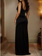 YSONA Full Size Satin Cowl Neck High Slit Maxi Dress Plus Size — close-up view | Women's Dress