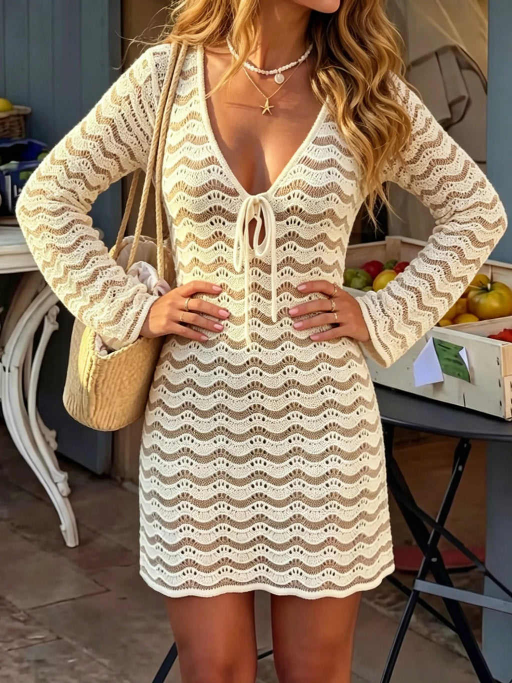 YSONA V-Neck Crochet Knit Long Sleeve Mini Dress — back view | Women's Dress | Shop YSONA
