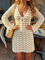 YSONA V-Neck Crochet Knit Long Sleeve Mini Dress — back view | Women's Dress | Shop YSONA