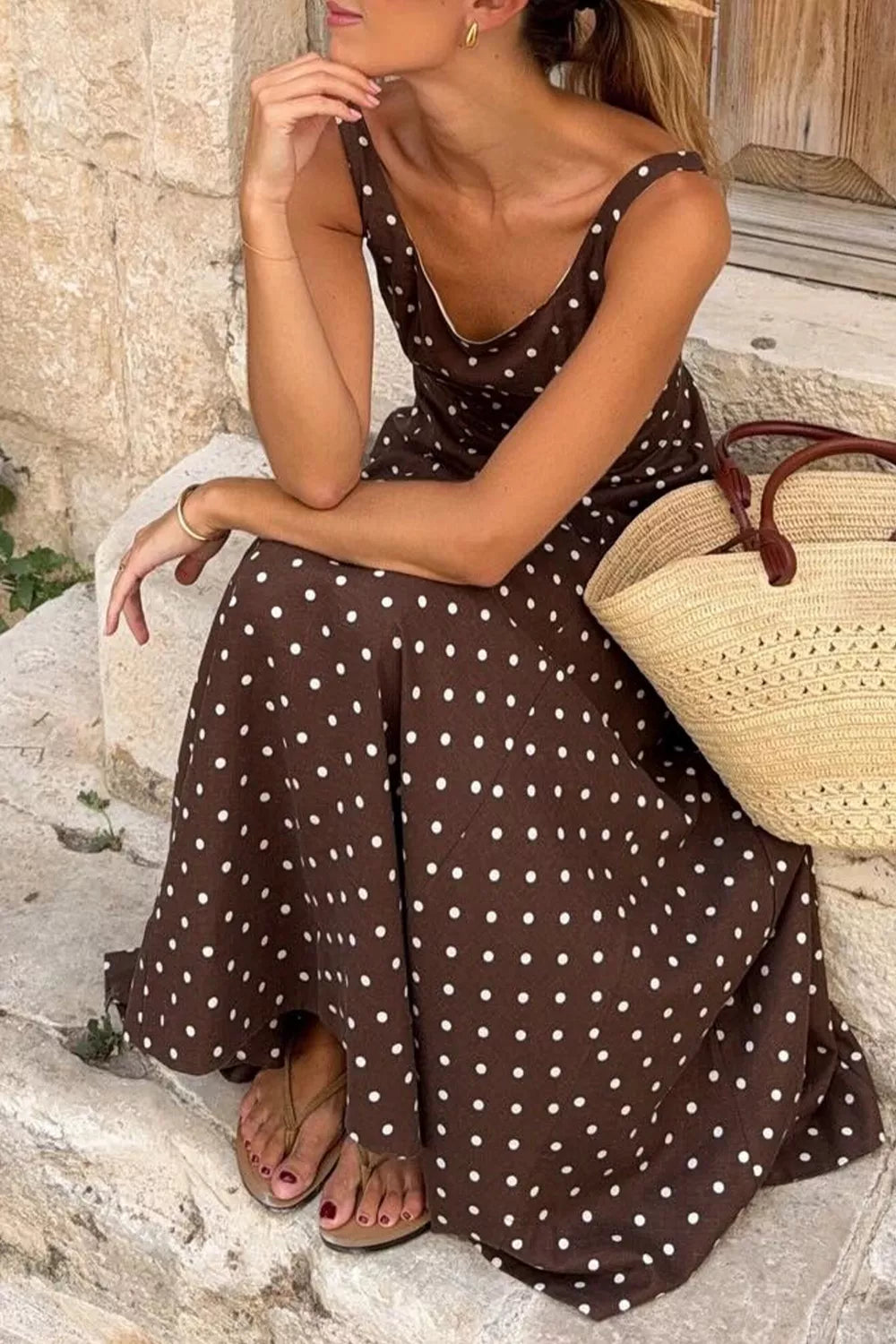 YSONA Polka Dot Print Square Neck Sleeveless Vacation Maxi Dress — side view | Women's Dress