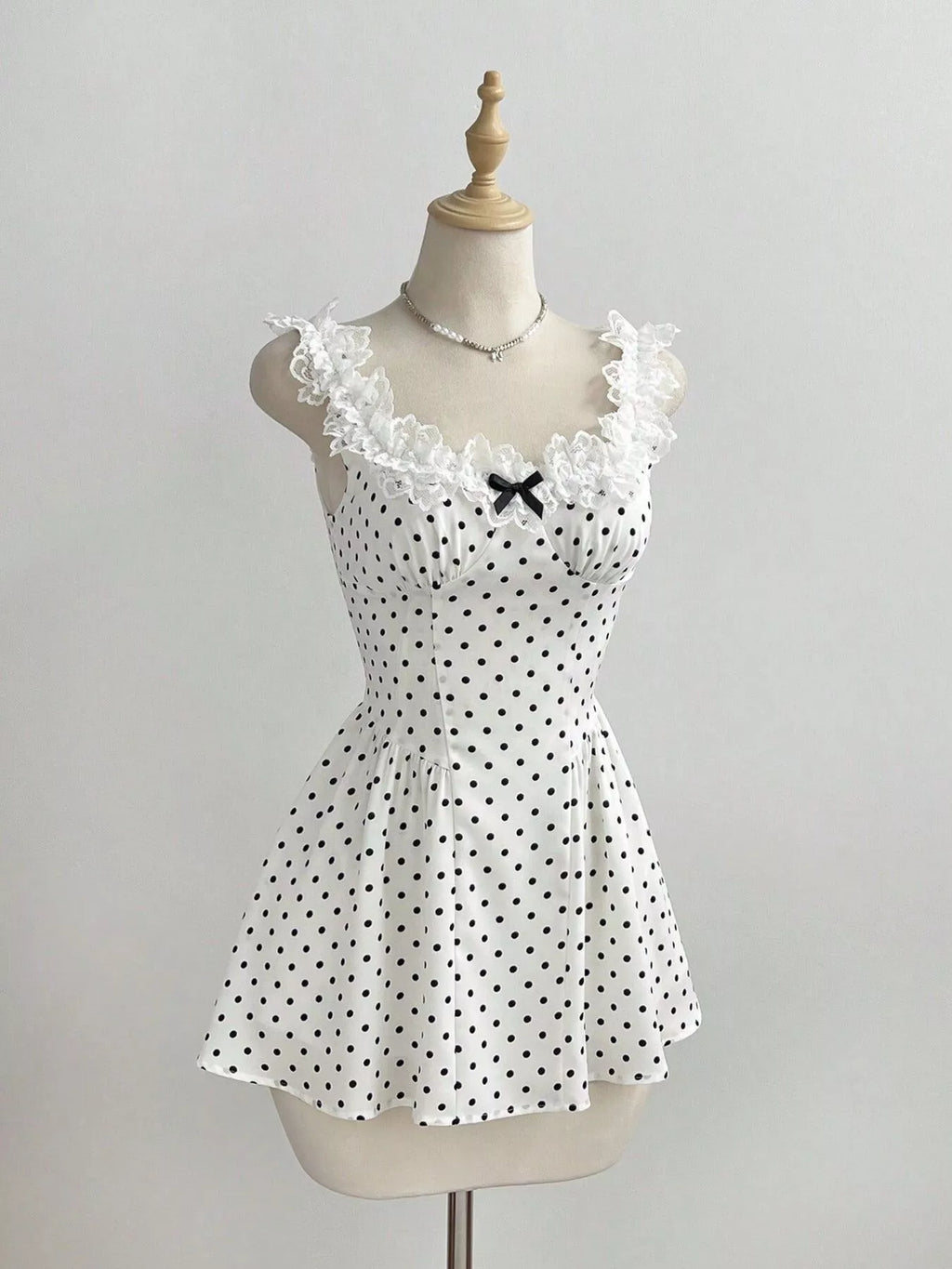 YSONA Polka Dot Lace Trim Mini Dress — front view | Women's Dress | Shop YSONA