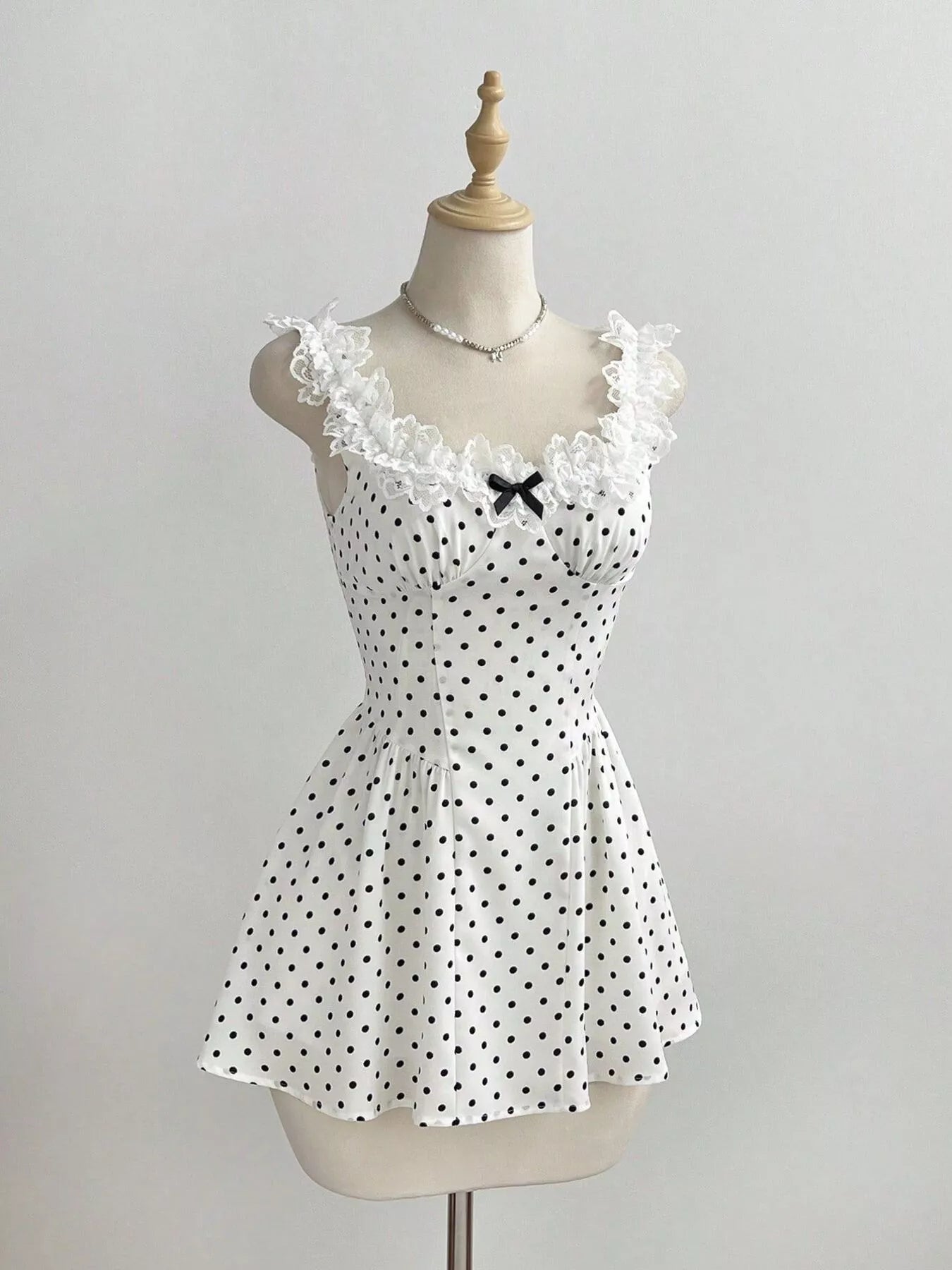 YSONA Polka Dot Lace Trim Mini Dress — front view | Women's Dress | Shop YSONA