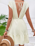 YSONA Tiered Cap Sleeve Mini Dress — close-up view | Women's Dress | Shop YSONA