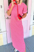 YSONA Stripe Striped Short Sleeve Scalloped Trim Side Slit Maxi Tee Dress — front view