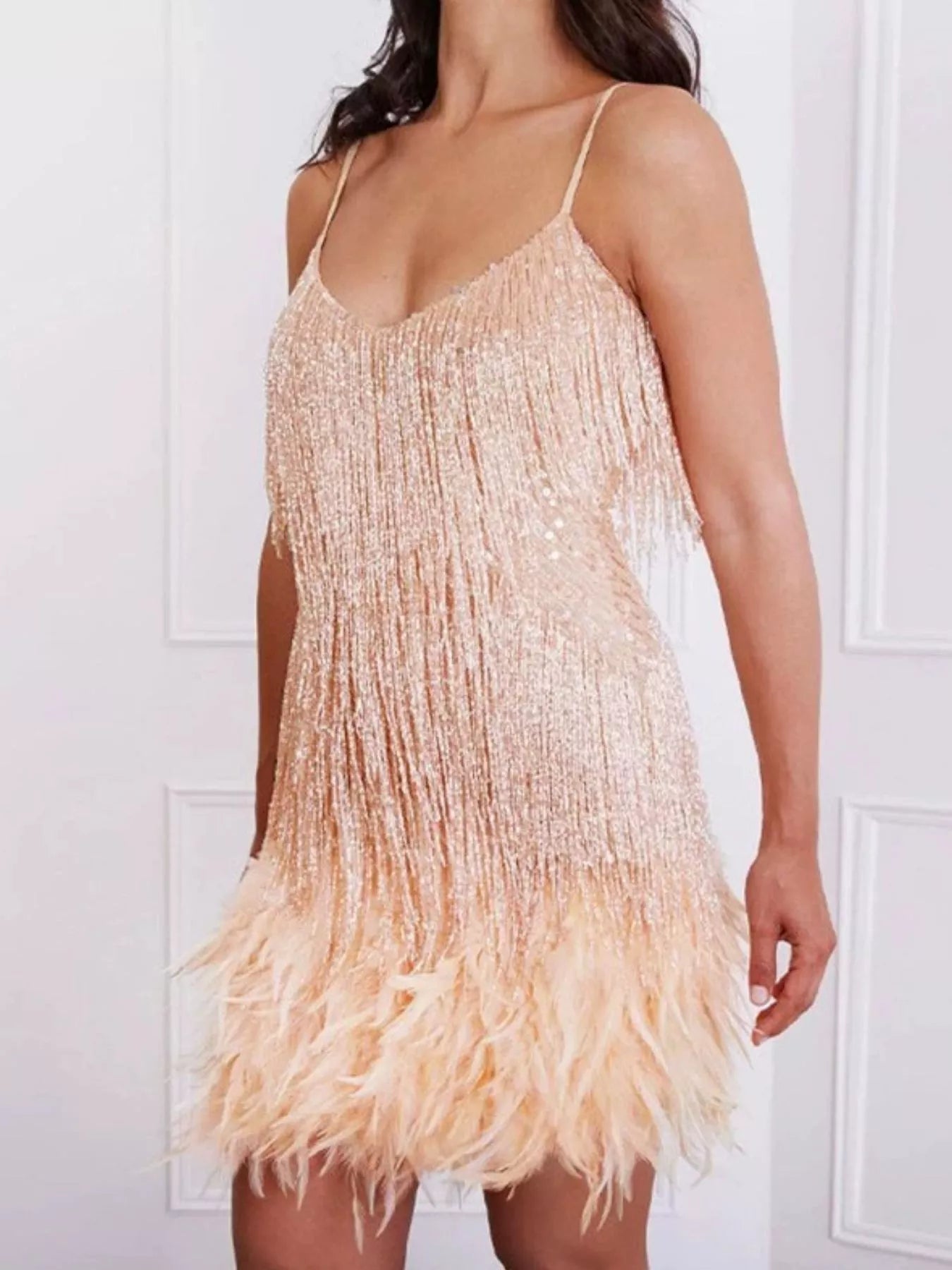 YSONA Full Size Sequin and Feather Fringe Mini Dress Plus Size — detail view | Women's Dress