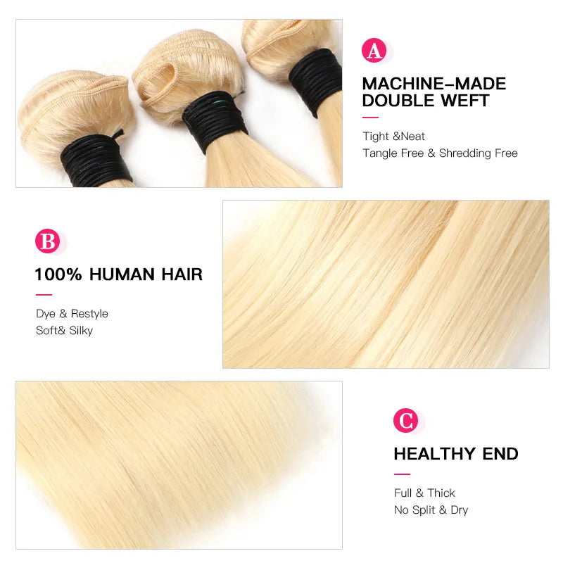 613 Blonde Straight Hair Bundles – Brazilian Remy Weave, 1/3/4 Bundle Deals 8–40 Inch